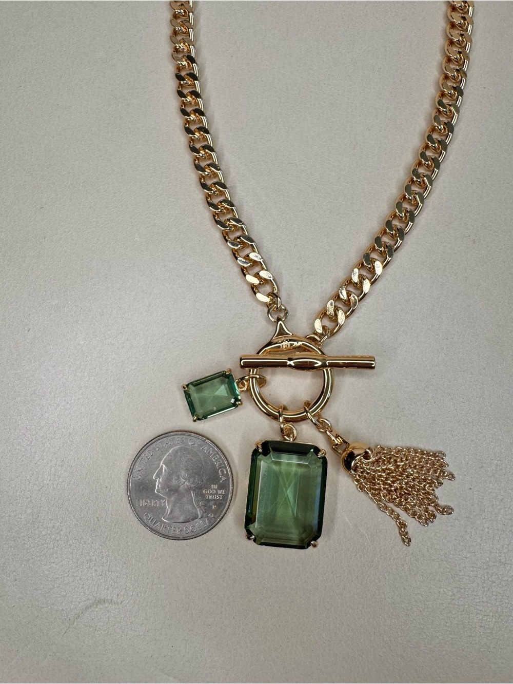 NWT Lauren Ralph Lauren Erinite Green Charm Toggle Necklace Gold Tone 17” - Picture 10 of 15